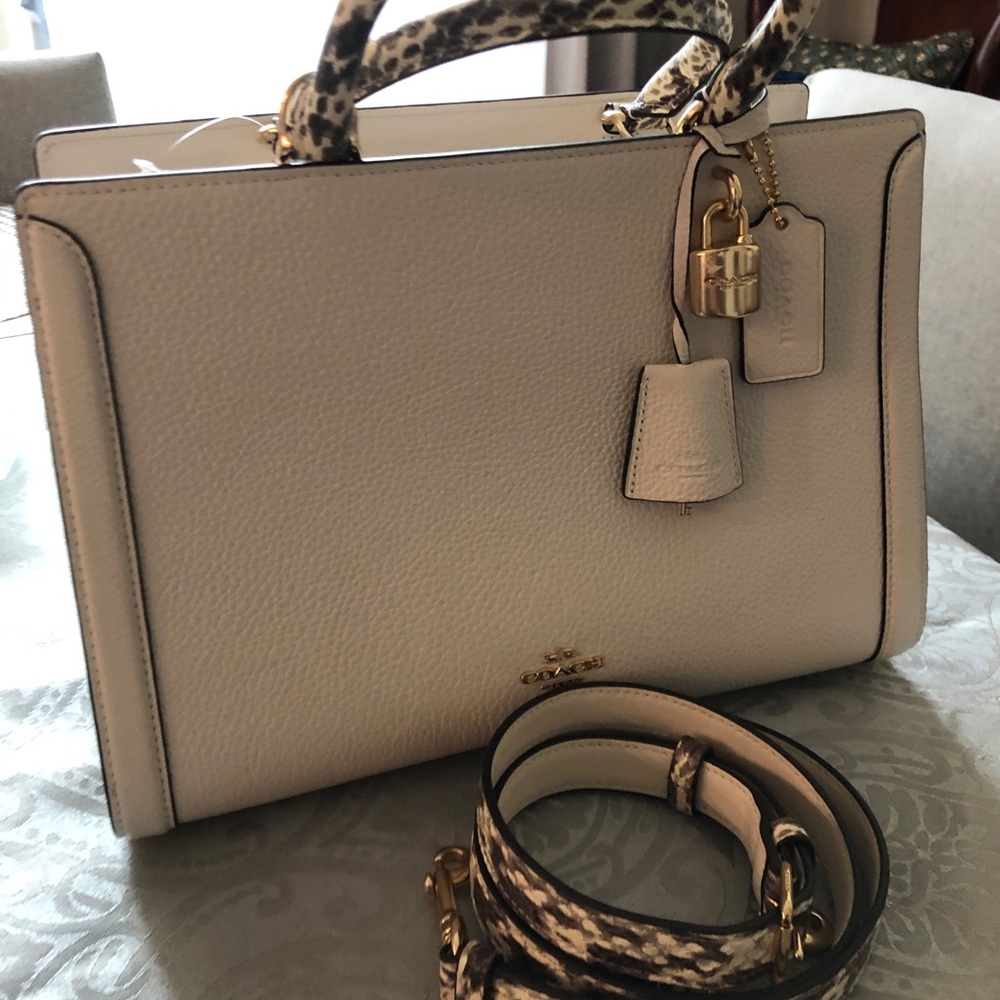 Coach White Leather Satchel with Leopard Print Accents